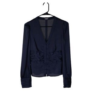 Express Women's Blouse Button Up Navy Blue V-Neck Ruched Pleat Long Sleeve Top S